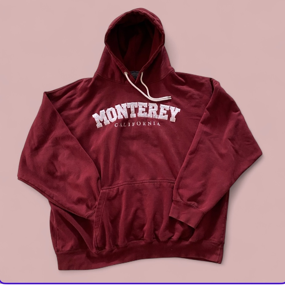Monterey California Maroon Red Embossed Letters Ocean Beach Hoodie